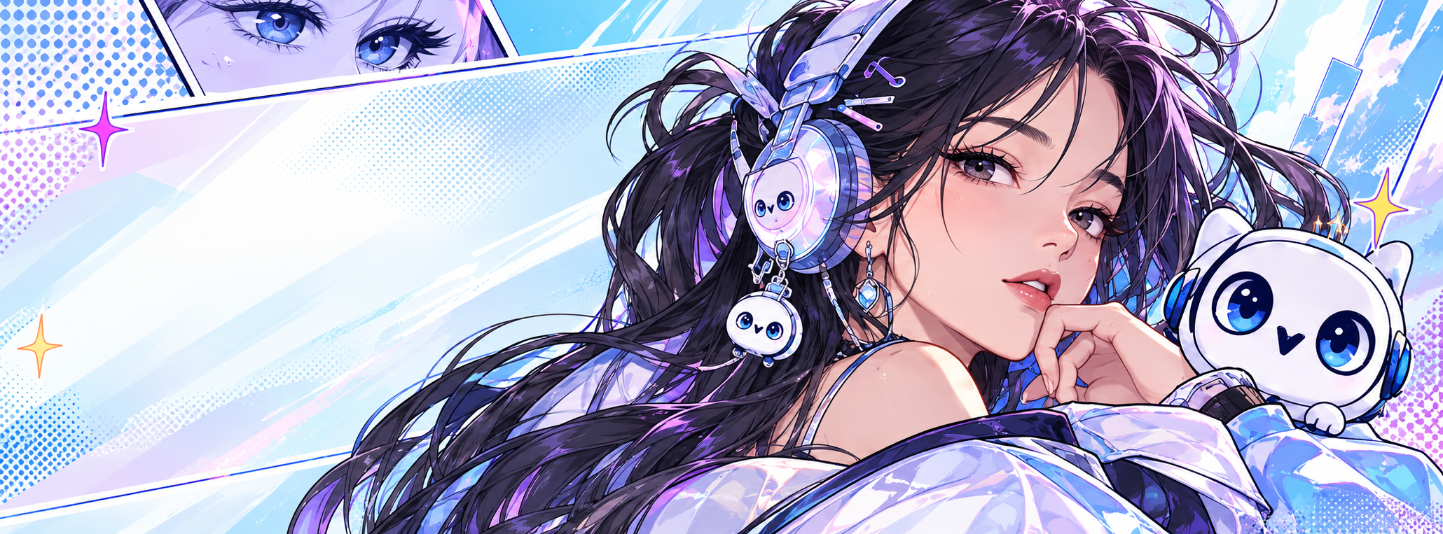 佩戴未来感耳机的成年动漫女性创作者与 OVO mascot